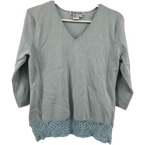 WinterSilks Sweater Silk V-Neck Crochet Hem Knit Silk Blue Medium